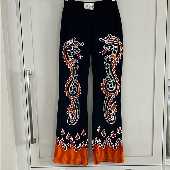 Designs by Naomi Pants - Designs byNaomi stretch pull on Dragon Hand Painted Flare Pants Black and Orange